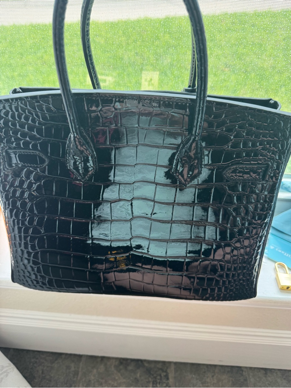 Classic Black Croc-Embossed Satchel with Gold Hardware - Picture 9 of 11